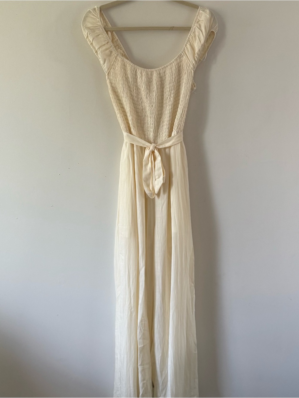 Cream Open Back Wide Leg Jumpsuit | Cottagecore Smocked Romper Jumpsuit